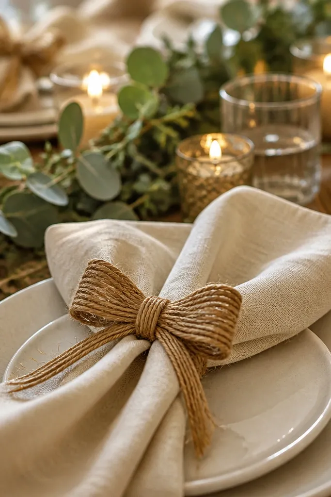 Beige jute bow napkin rings on white plates with a soft neutral setting
