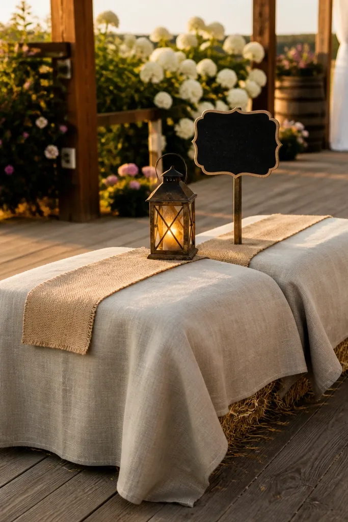 Hay bale seating covered with linen and styled with small lanterns
