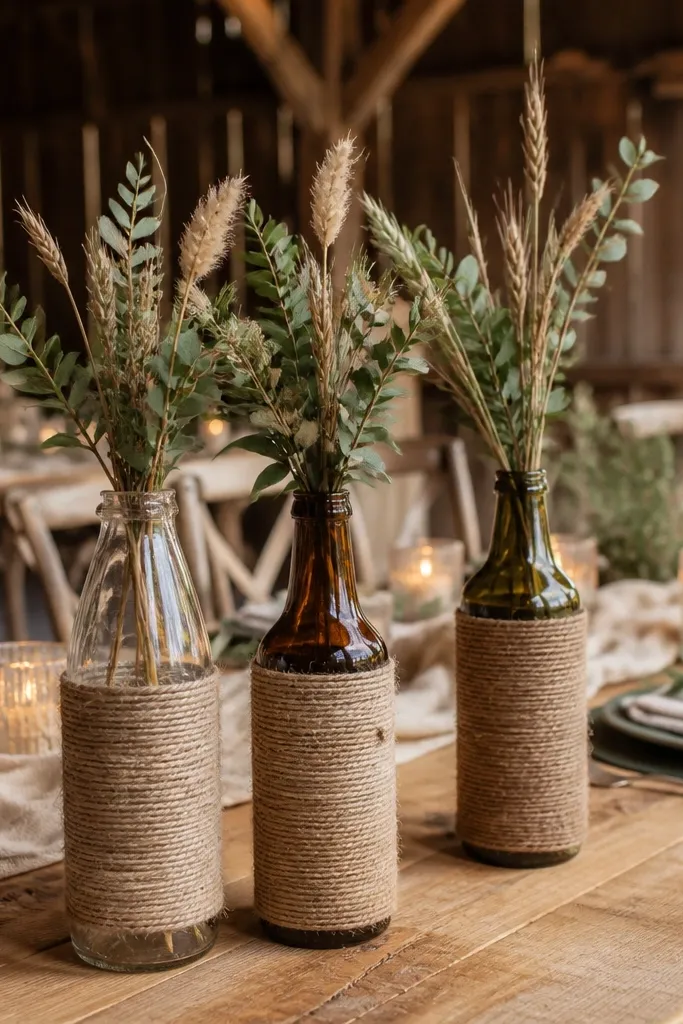 Twine-wrapped bottles in different heights with small greenery