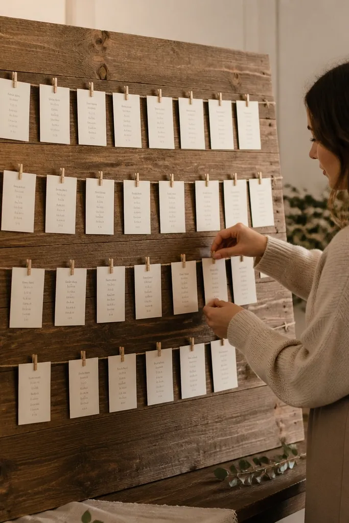 Wood plank seating chart with twine lines and small name cards