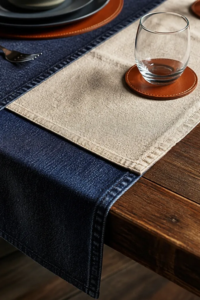 Dark denim overlay on a table with leather coasters and warm candlelight