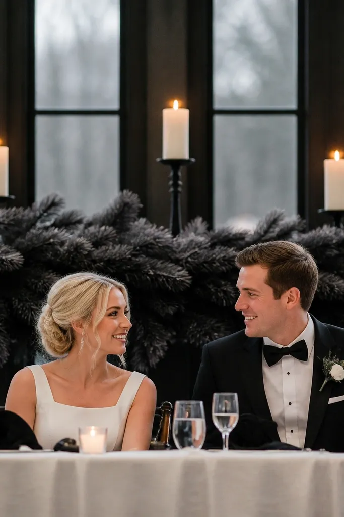 Charcoal pine garland with white pillar candles and silver ornaments on the head table