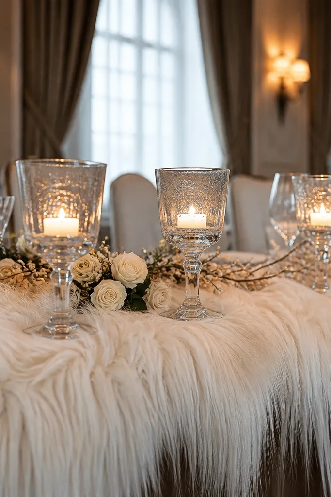 Faux fur runner with champagne-colored glass votives on the head table