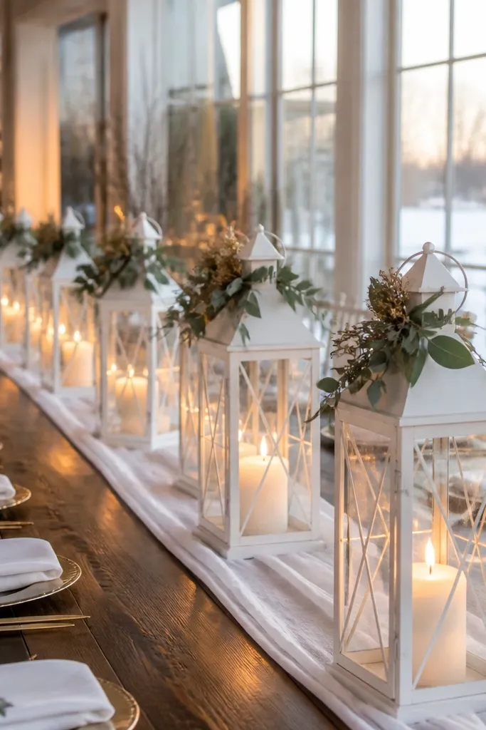 Seeded eucalyptus with white lanterns and candles down the head table