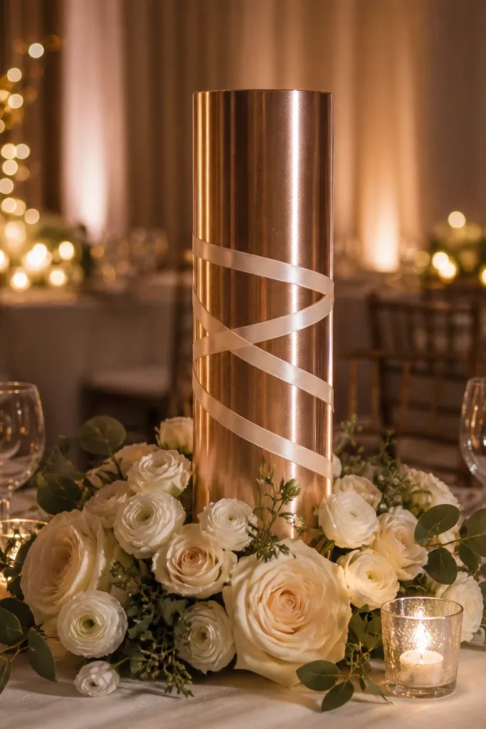 Rose gold column centerpiece with ivory low flowers and candles at the base