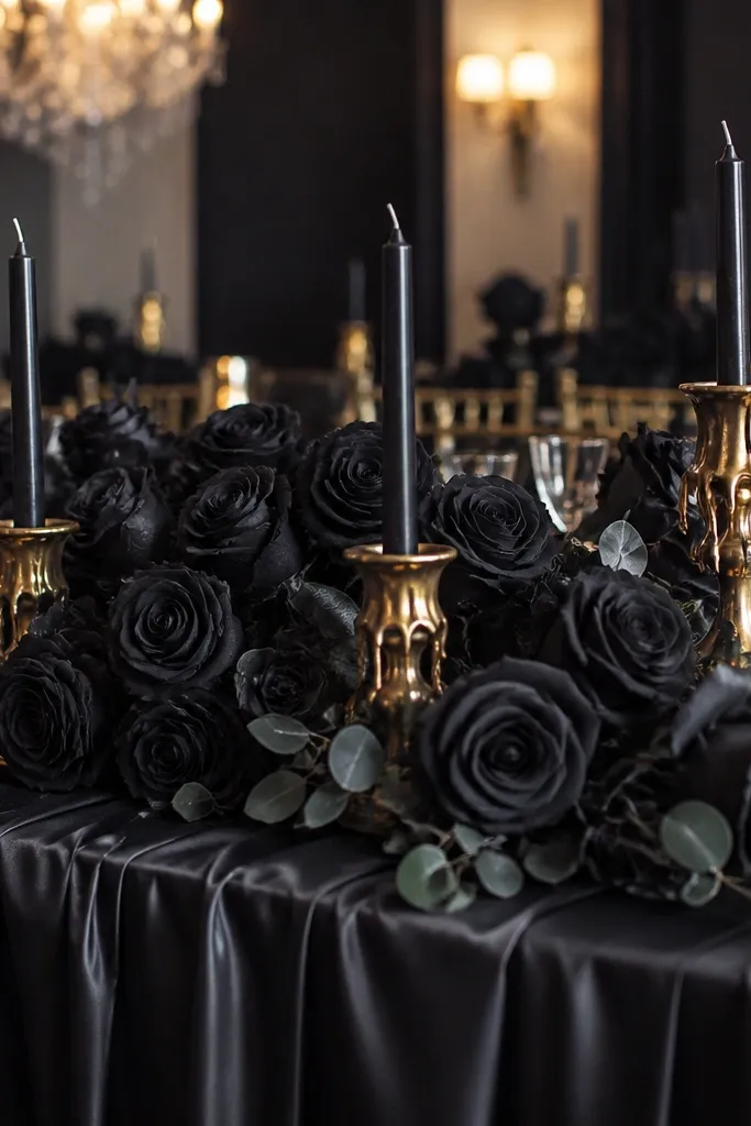 Monochrome black roses with gold drip candle holders on a dark head table