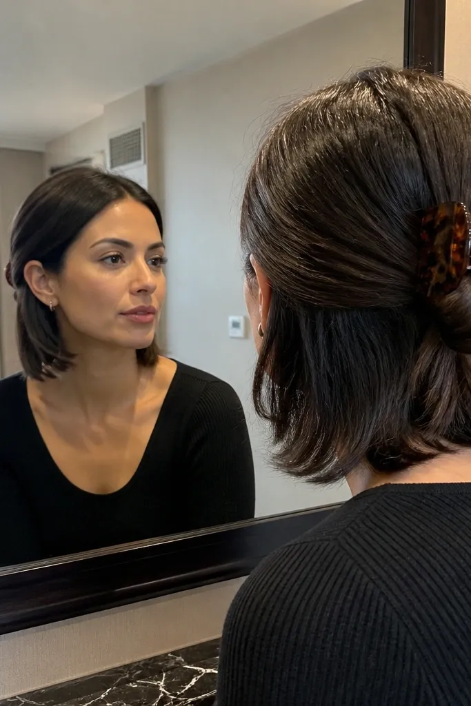 Low claw-clip bun with tucked sides and smooth top on short hair