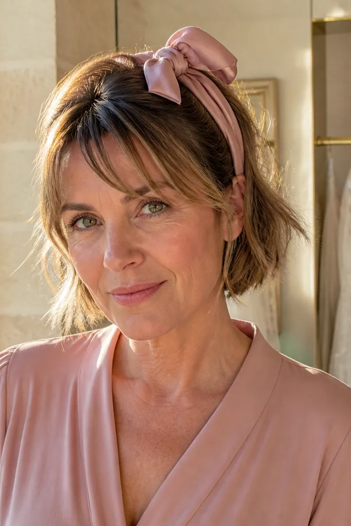 Short hair with a small half-up scarf tie and smooth front