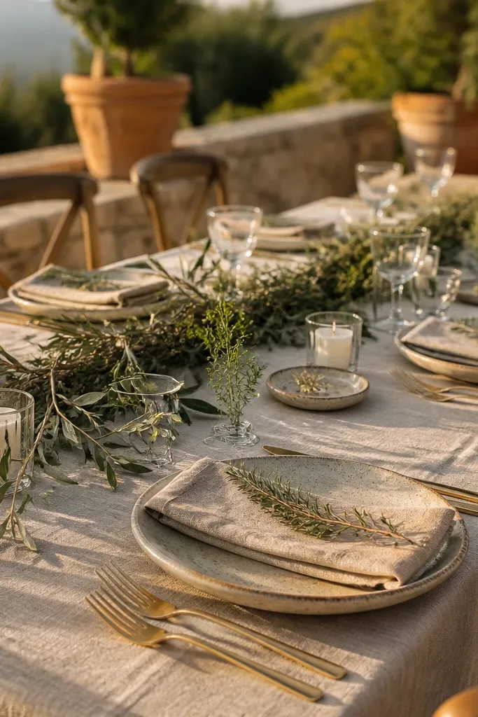 Olive branches and herbs in small vessels on a round table