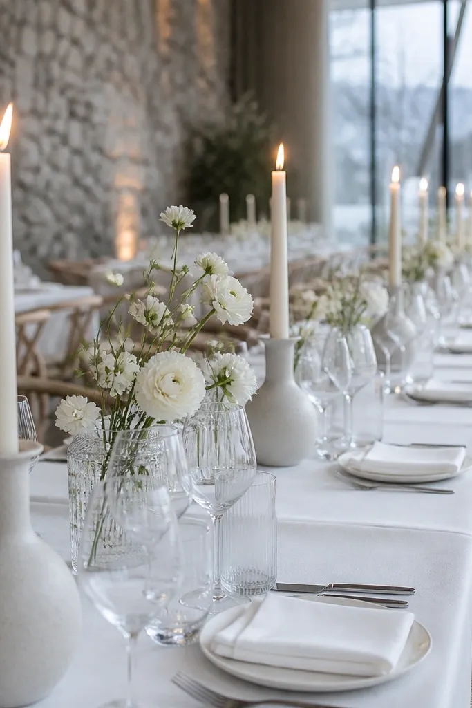 White candles and small white flowers in bud vases on a round table