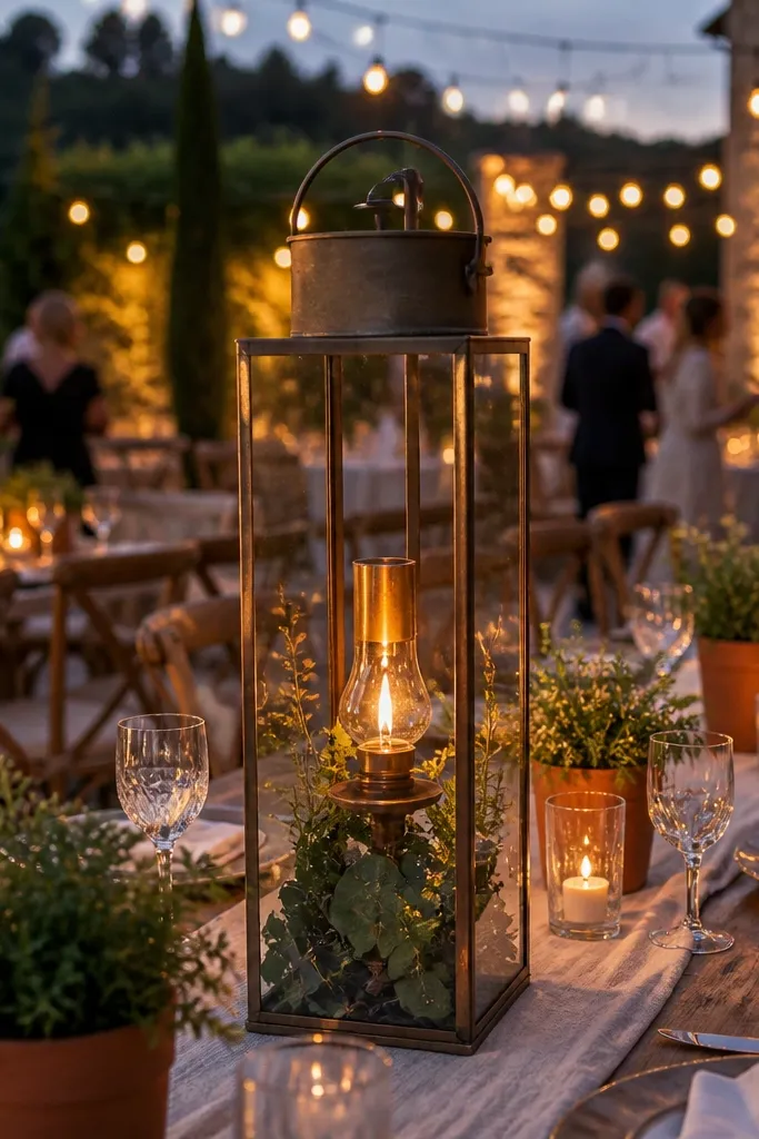 Lanterns on round tables with low greenery arrangements inside