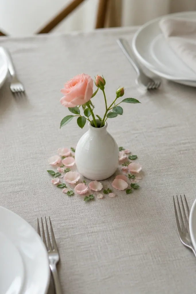 Small petals or stones scattered around a low centerpiece on a round table