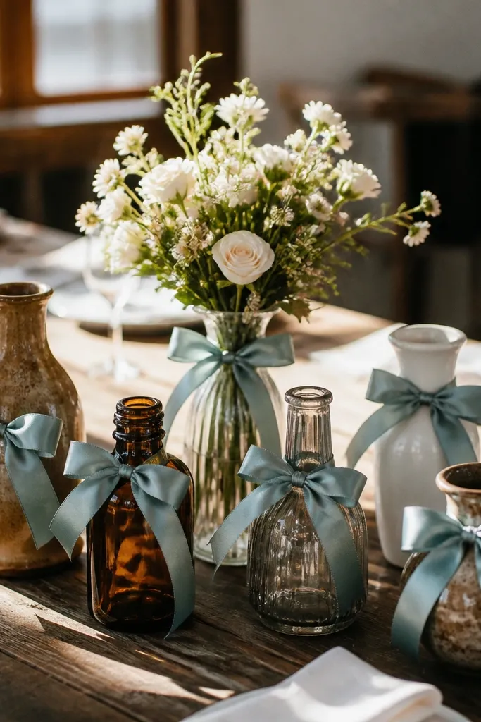 Mixed bud vases wrapped with matching ribbon around a round table