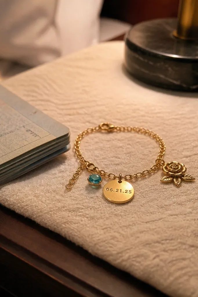 Silver charm bracelet with a small date charm and a tiny stone accent