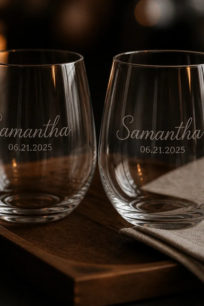 Two clear stemless wine glasses etched with her name and wedding date