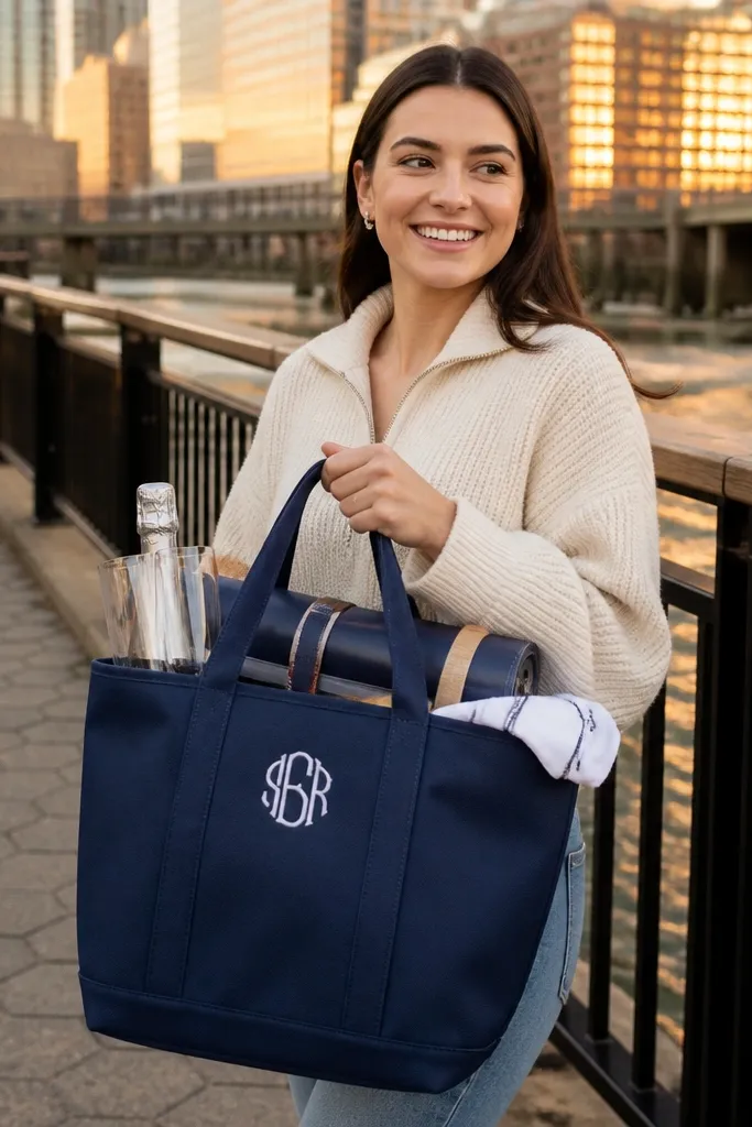 A monogrammed cooler tote with champagne flutes and a picnic blanket folded inside