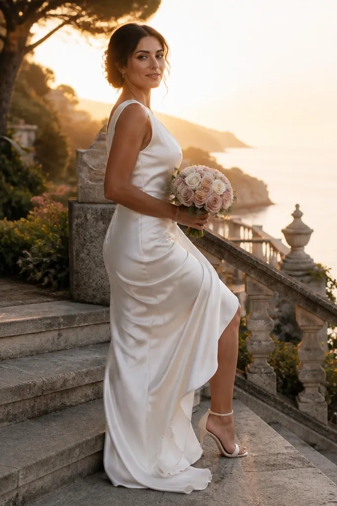 Couple stands on stairs in side profile with one foot lightly tapping a step