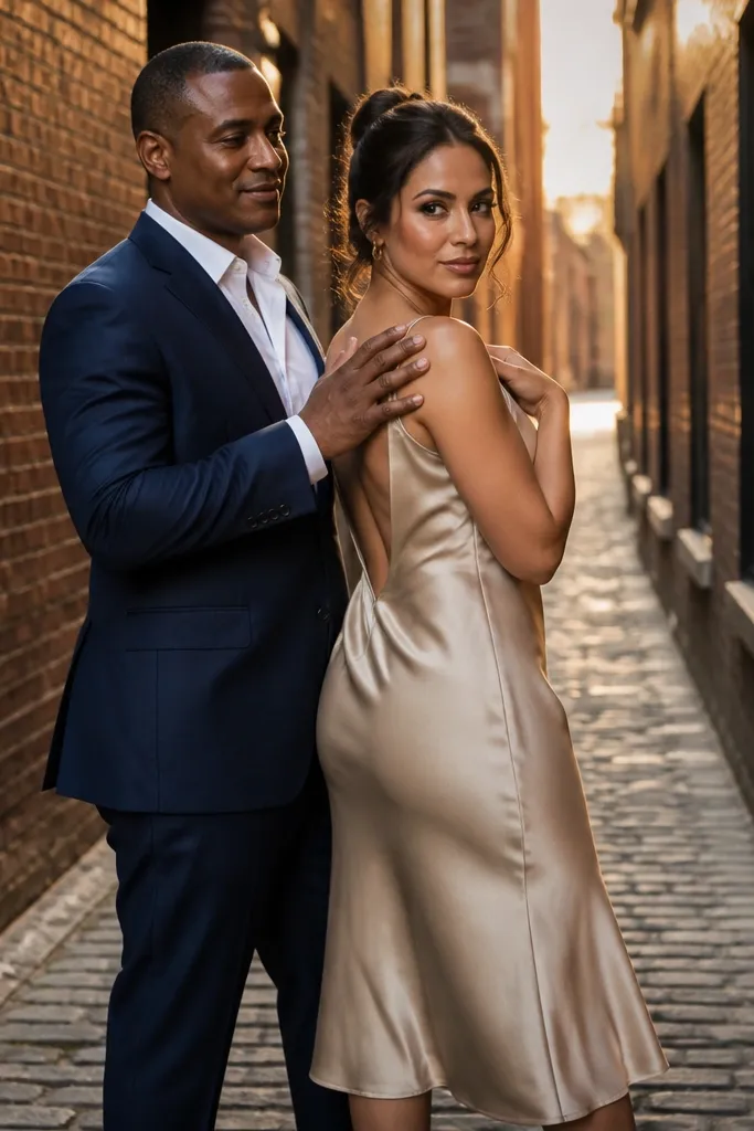 Couple leans against a street wall with hands on shoulders and turned-away faces