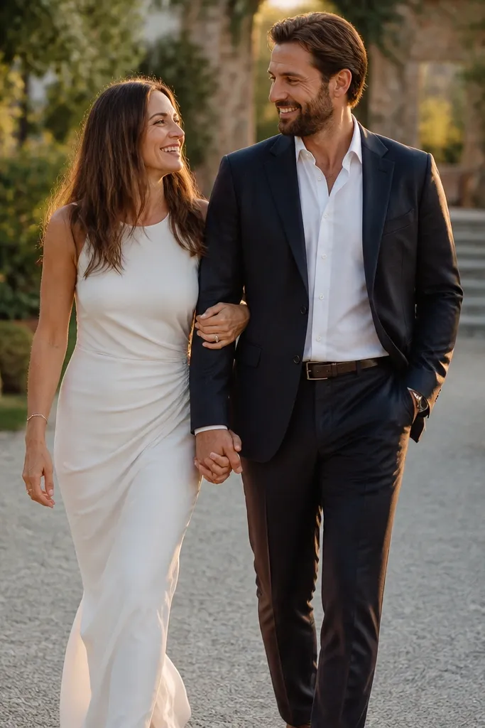 Couple walks arm-in-arm with matching hand height and soft smiles