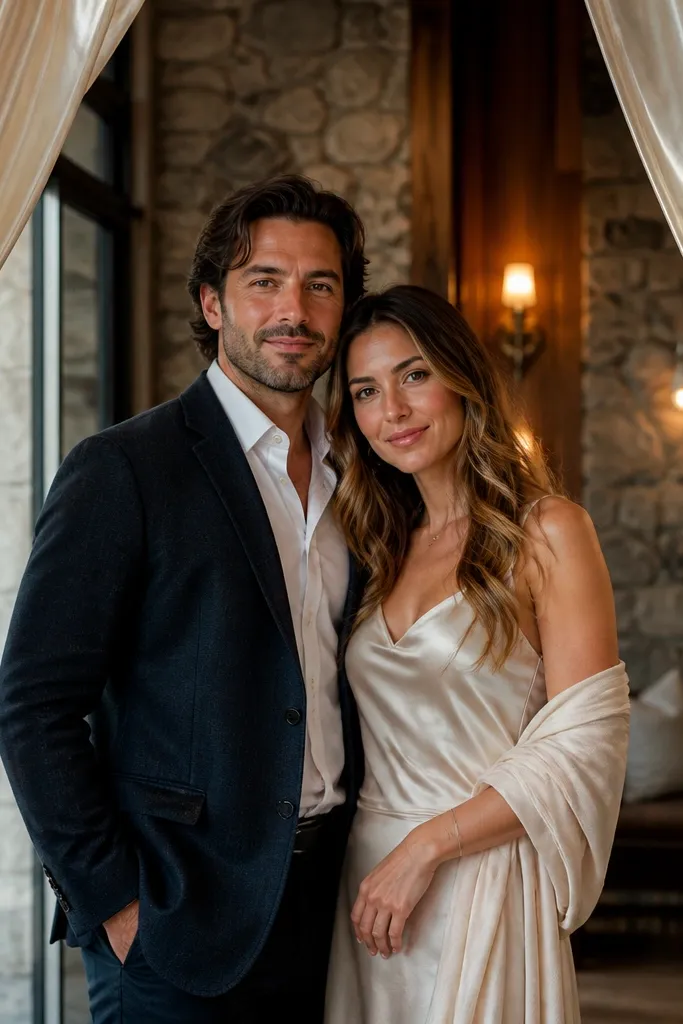 Couple stands behind draped fabric with fabric pulled back framing their faces