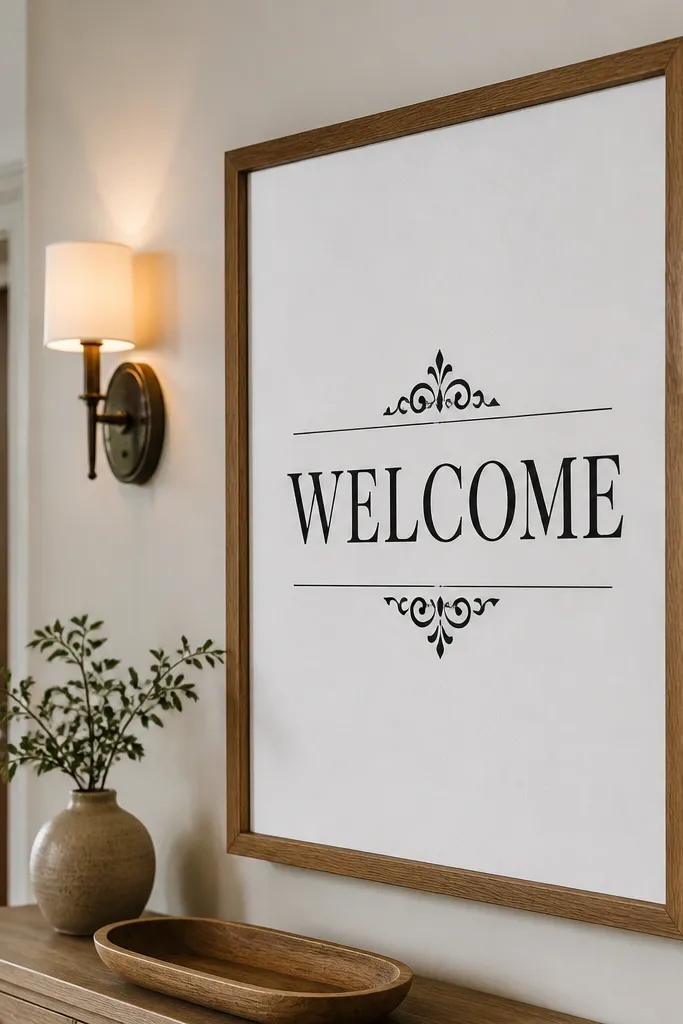 Black text on white welcome sign in a light wood frame on an easel