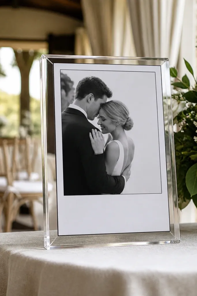 Framed acrylic welcome sign with black and white typography insert