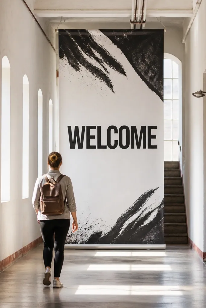 Black and white welcome text on a roll-up banner standing at an entrance