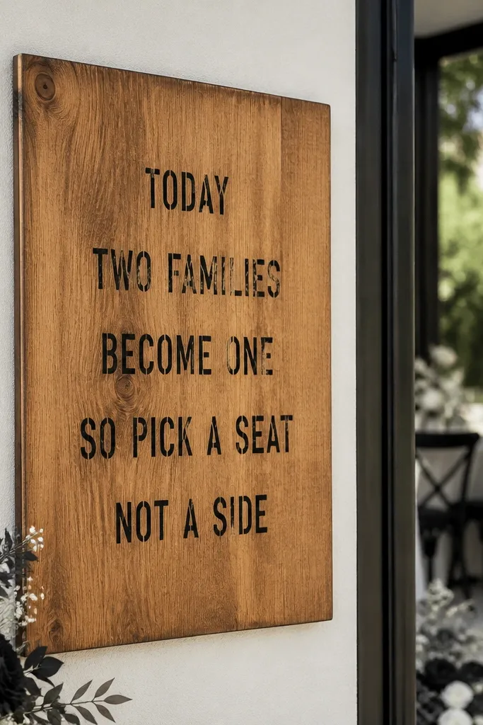 Wood welcome plaque with black stencil-style lettering and white background