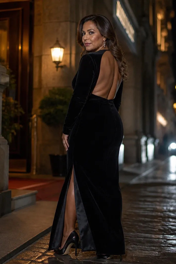 Black velvet column dress with a high slit and a backless cut