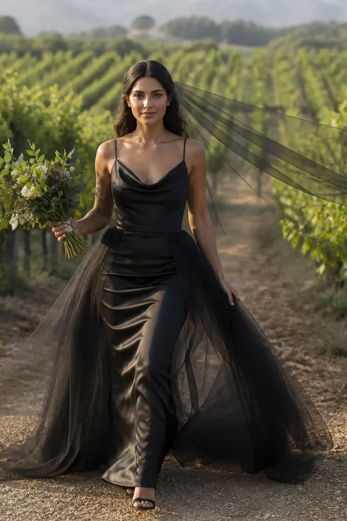 Black satin slip dress with a tulle overskirt lifted over the hips