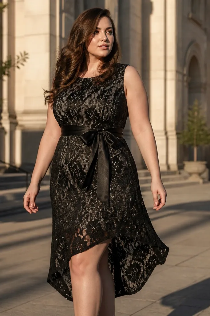 Black lace sheath dress with an asymmetric hem and a bow-tie waist