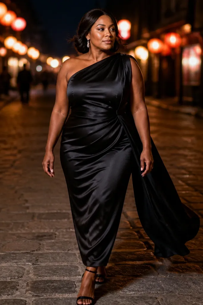 Black liquid satin one-shoulder dress with asymmetrical draping