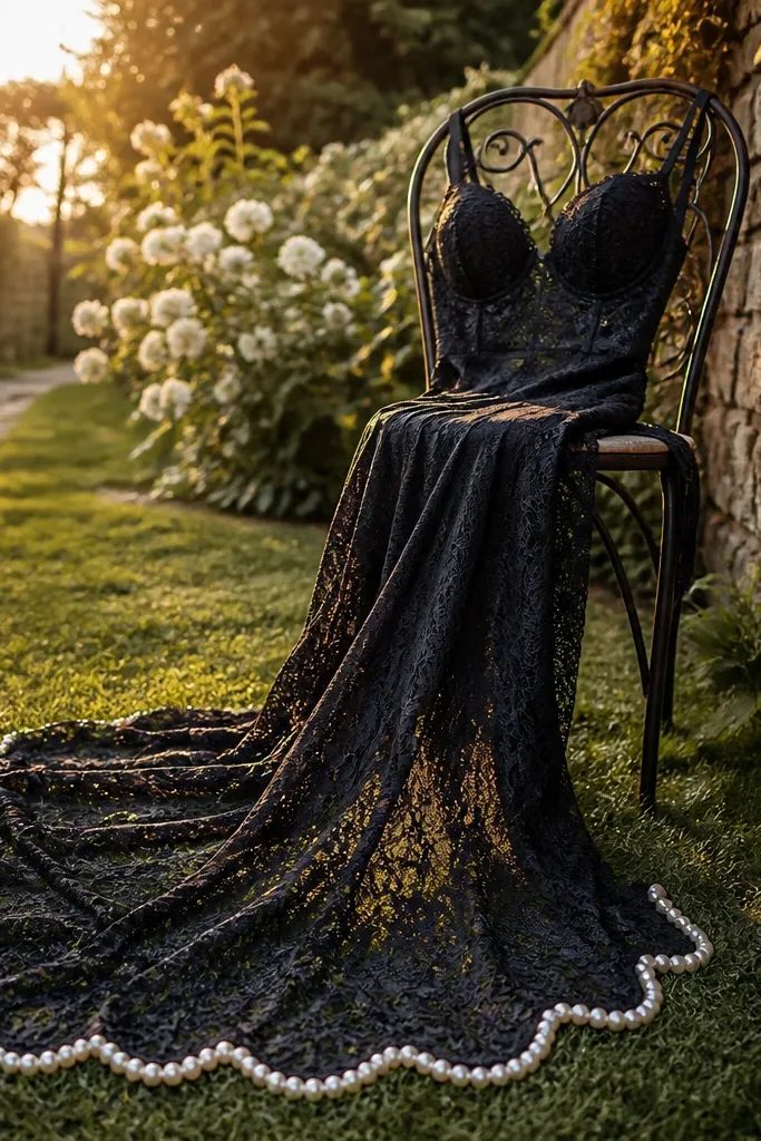 Black lace slip wedding dress with a long train and pearl-edged hem