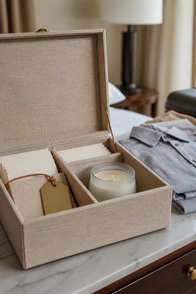 Linen-textured beige box with passport-style cards, a luggage tag, and a small travel candle