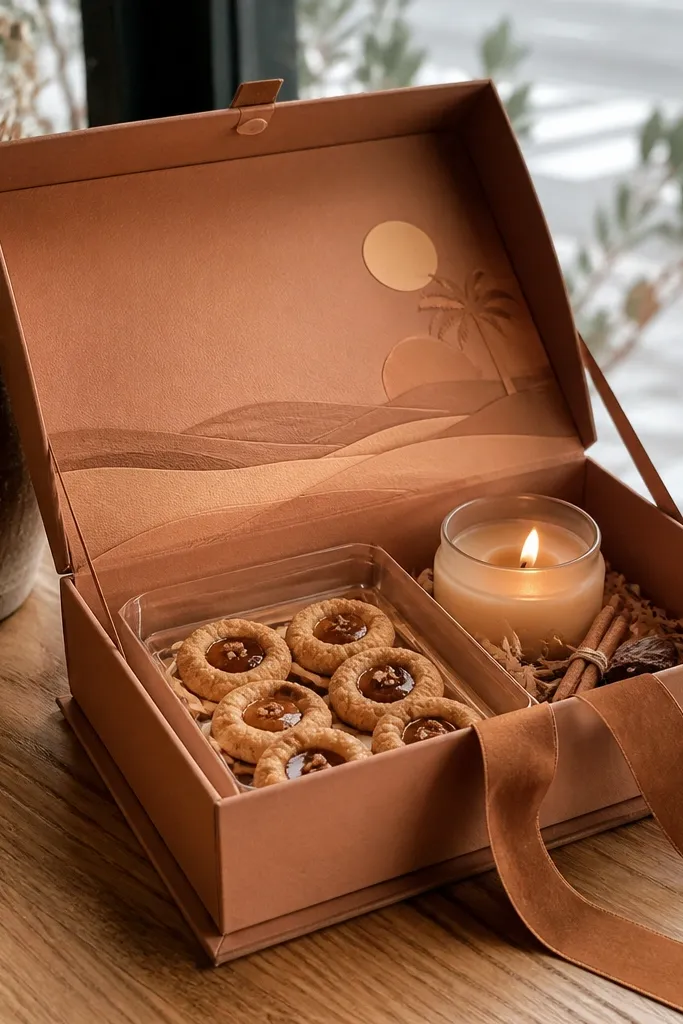 Rust and camel box with date syrup candies, small candle, and a desert plan card
