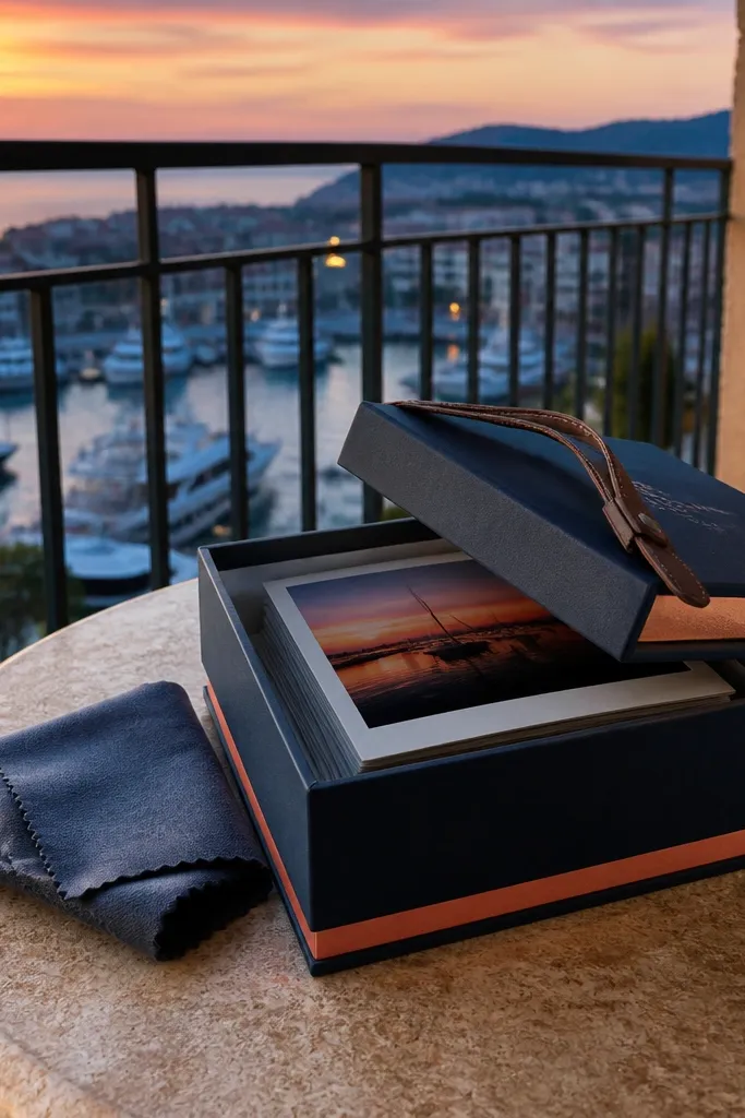 Navy box with coral ribbon, Polaroid-style cards, and a mini travel camera strap