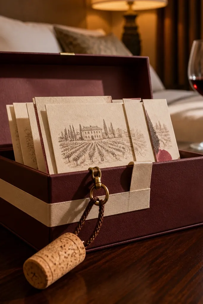 Burgundy box with cream ribbon, a cork keychain, and wine tasting style plan cards