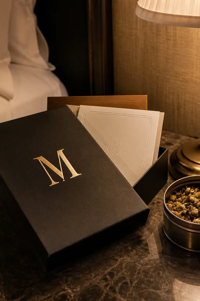 Gold monogram gift box with letterpress-style cards and a small tea tin