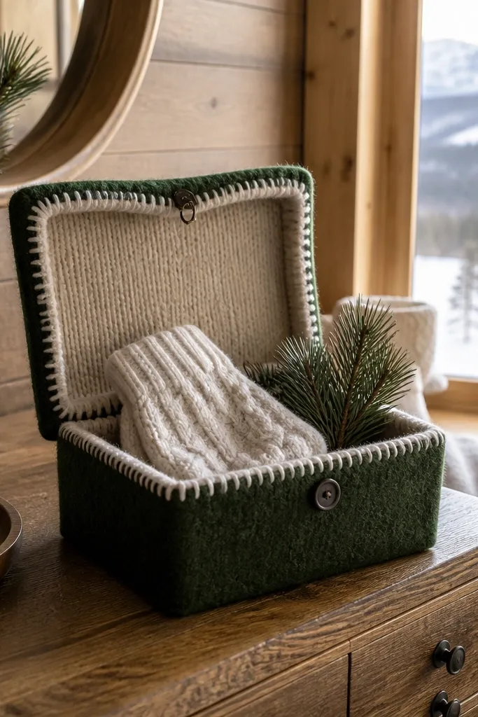 Emerald green box lined with knit fabric, cozy socks, and an ivory ask card