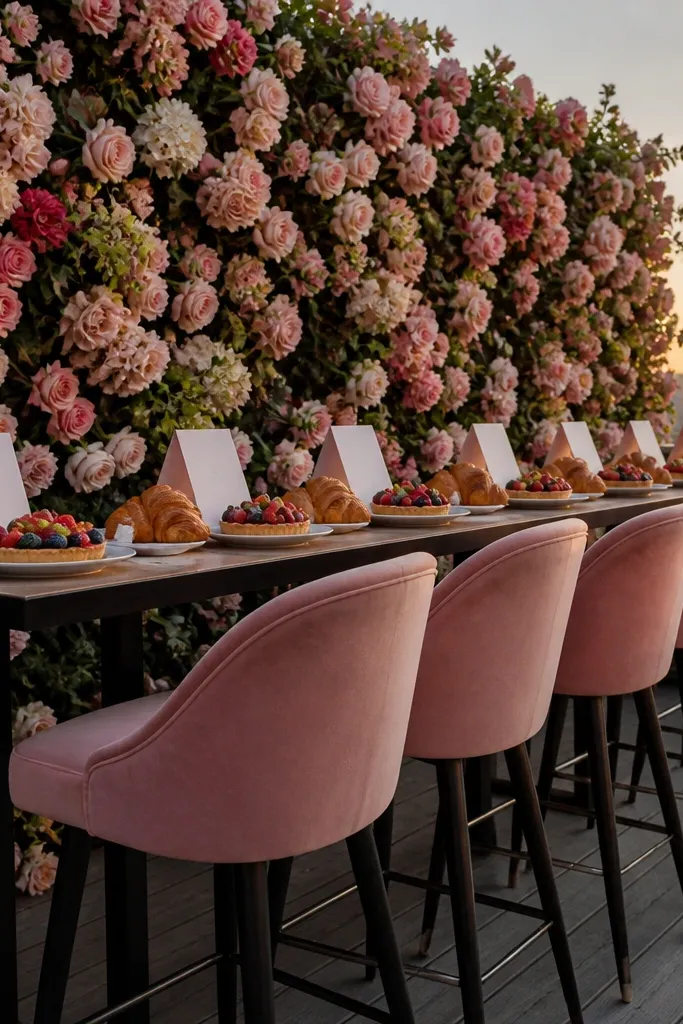 Rooftop high-top table with flowers behind and brunch plates in the foreground