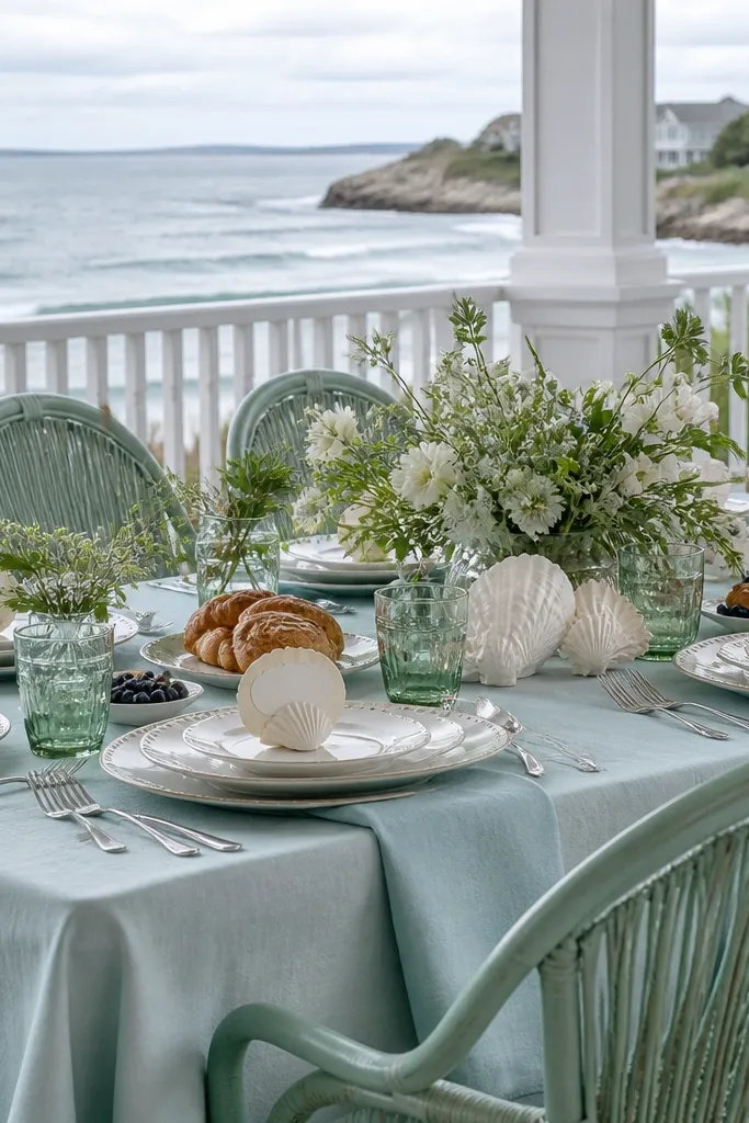Brunch table with blue-green place cards and small shell decor