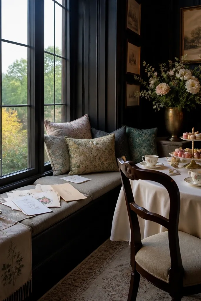 Window seat in a private room with candles and a styled brunch table