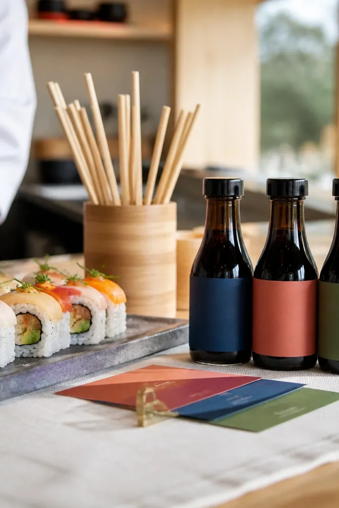 Sushi brunch table with color-coded labels and neat place cards