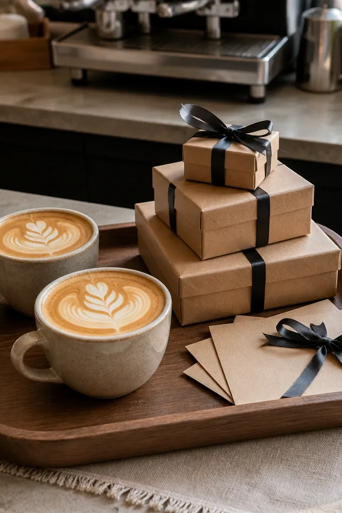 Coffee bar table with proposal boxes arranged neatly for a flat lay