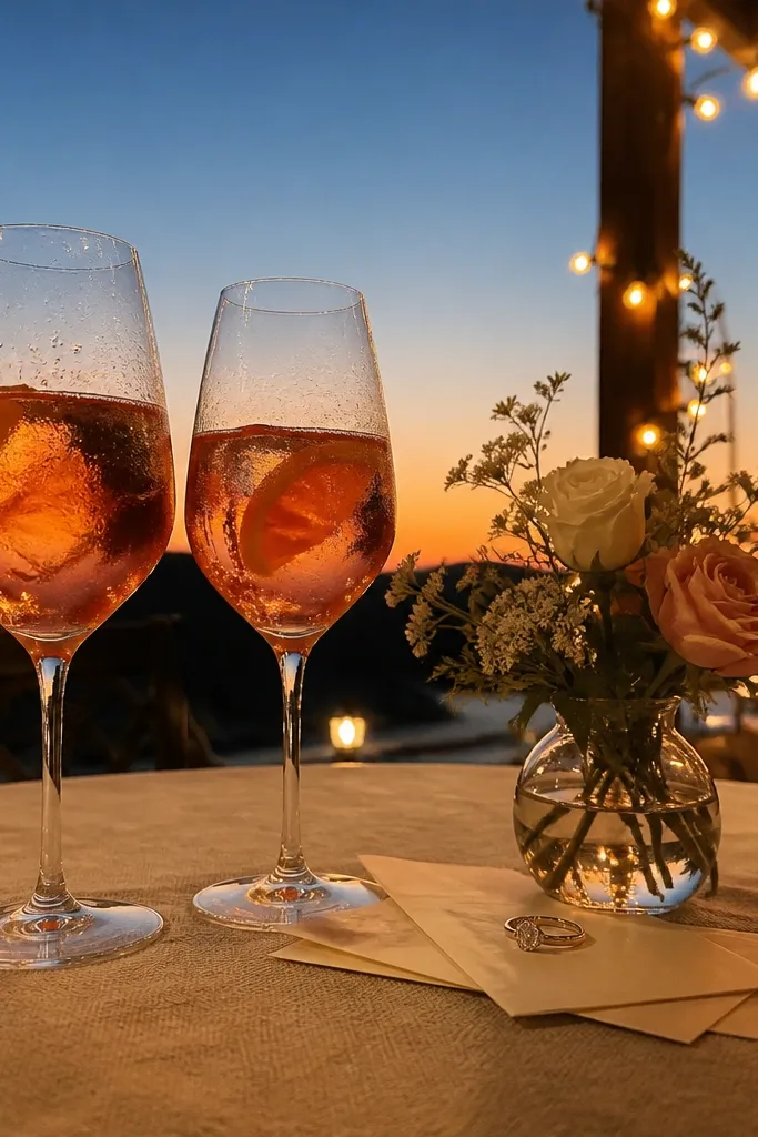 Brunch table with warm amber lighting and rosé spritz glasses