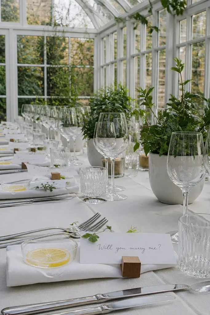 Bright conservatory tables with citrus slices, folded place cards, and mini bouquets.