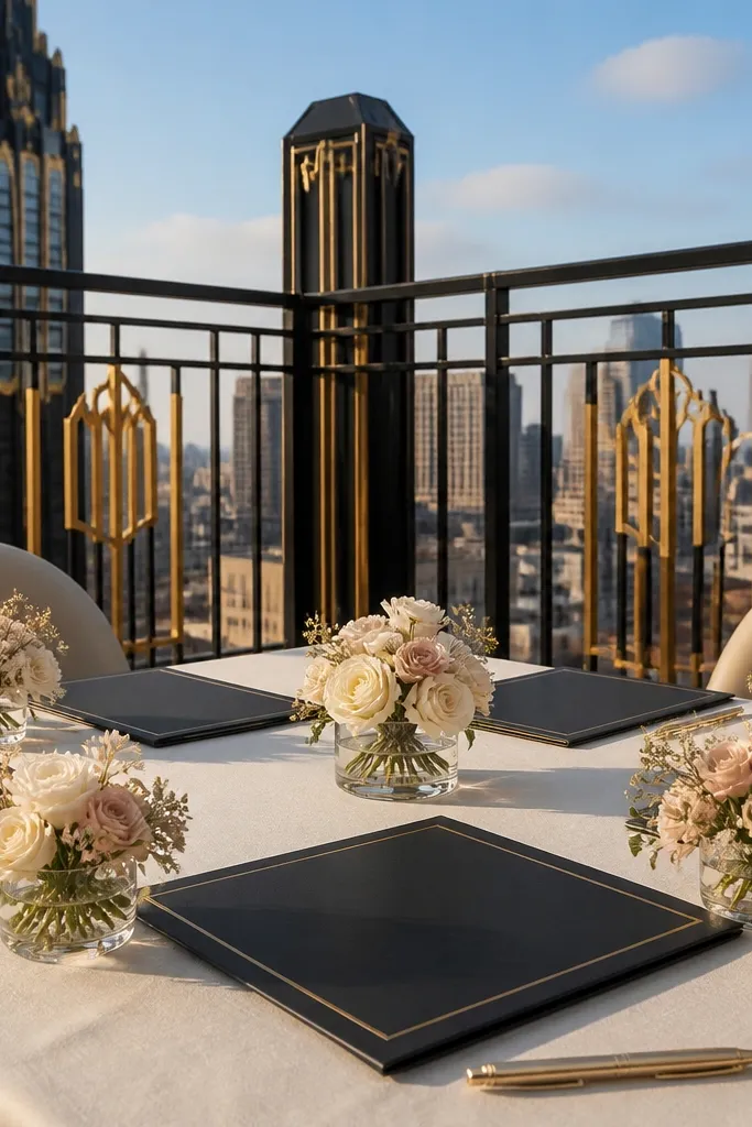 Rooftop with black-and-gold menus, small vases of flowers, and golden-hour lighting.
