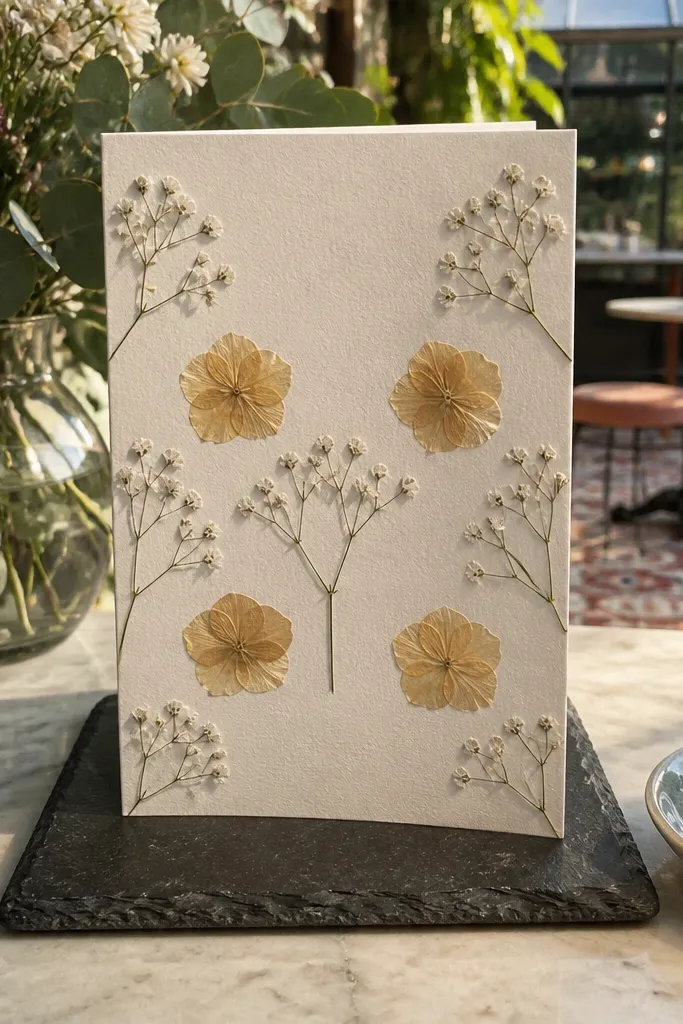 Small pressed flowers arranged in a thin frame around bold black text.