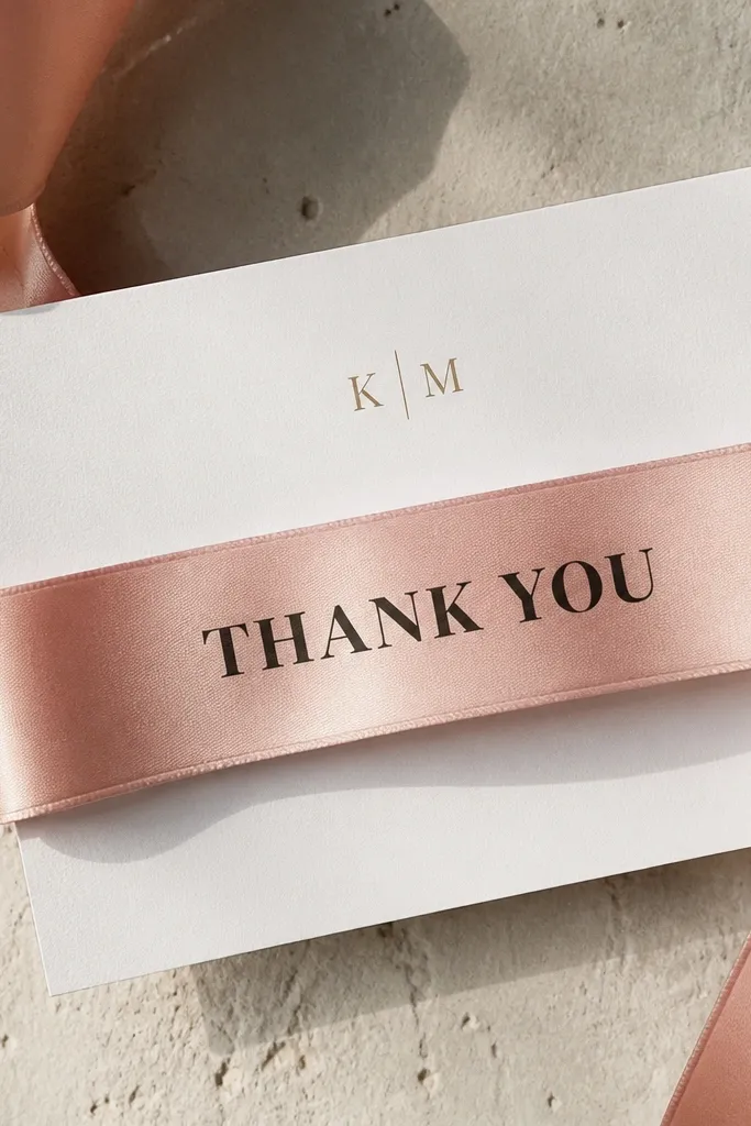 A satin ribbon banner across a white card with small initials and bold text.