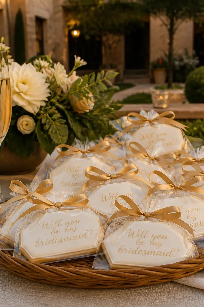 Champagne-colored cookie tags with gold script reading will you be my bridesmaid